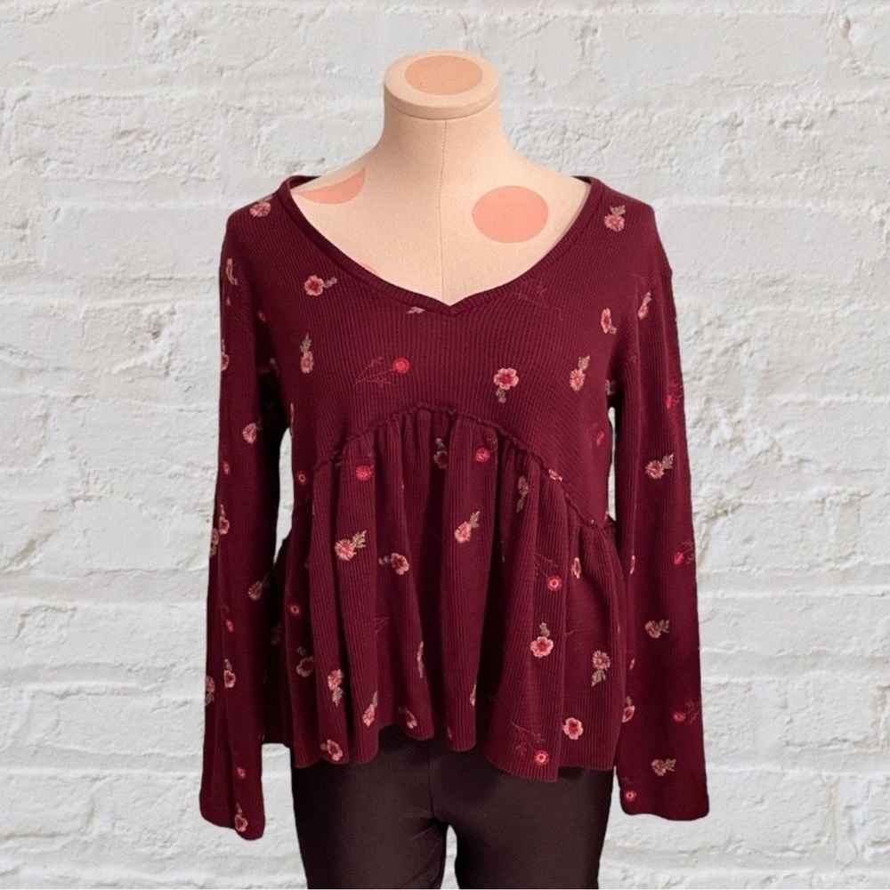 Altar’d State Floral Embroidered Bohemian Babydoll Waffle Knit Long Sleeve Top